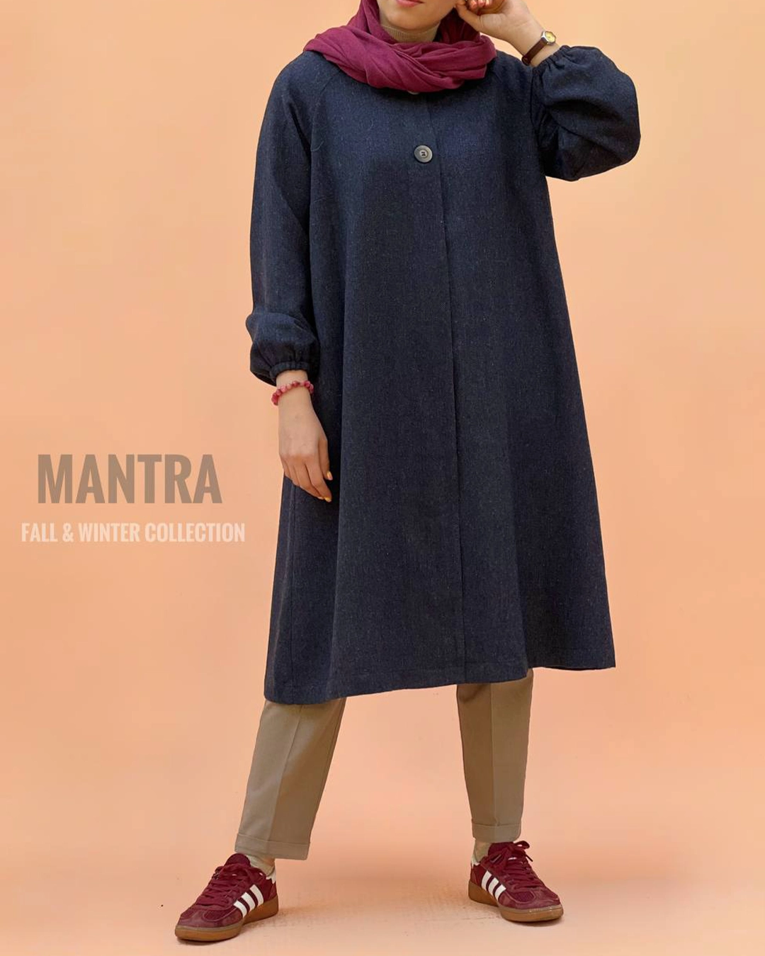 مانتو پاییزه کشمیر آستردار مدل مارینا با طراحی ساده و شیک